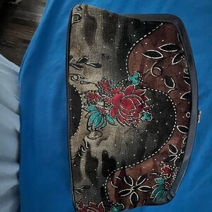 Japanese Inspired Velvet Floral Patterned Clutch With Unique Closure